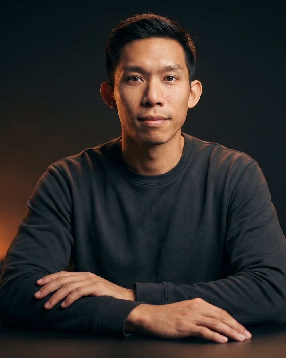 Duy Nguyen, founder of CreatorsForge, seated at a dark desk with a forge glow behind