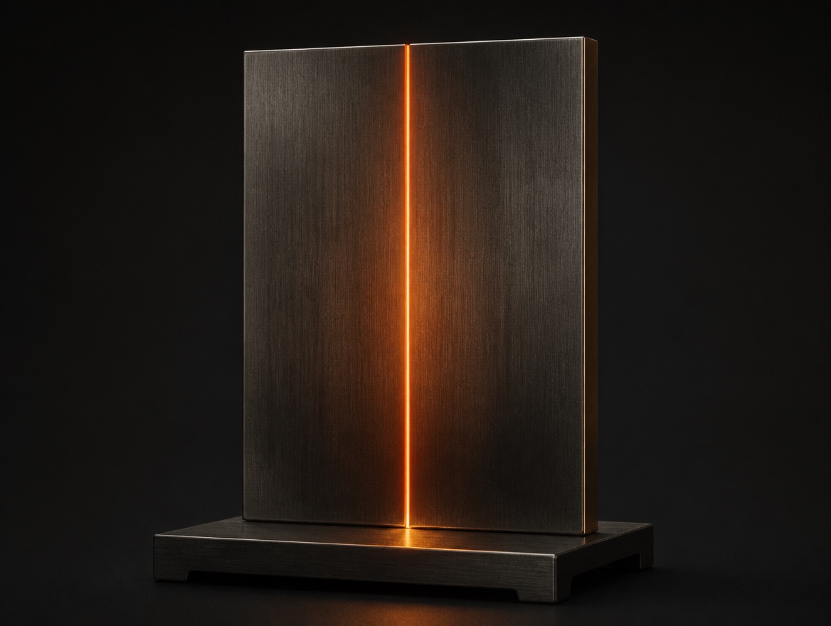 A forged plate with one embedded glowing seam resting on a display mount, representing the Proof Engine